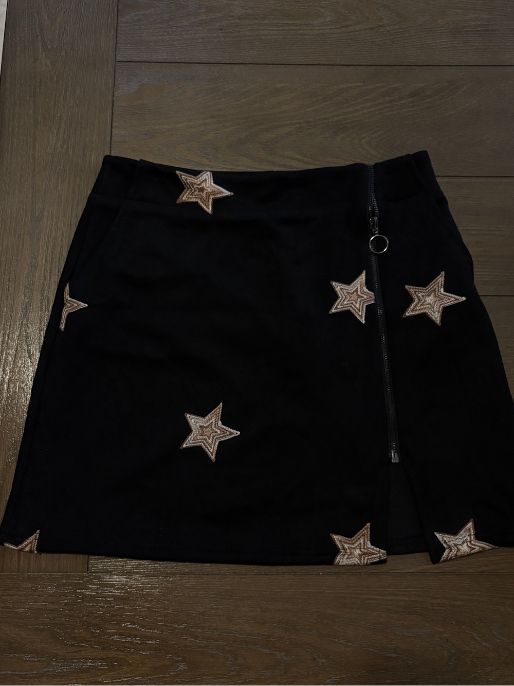 Altar'd State Black Mini Skirt with Star Appliqués and Ring Zip